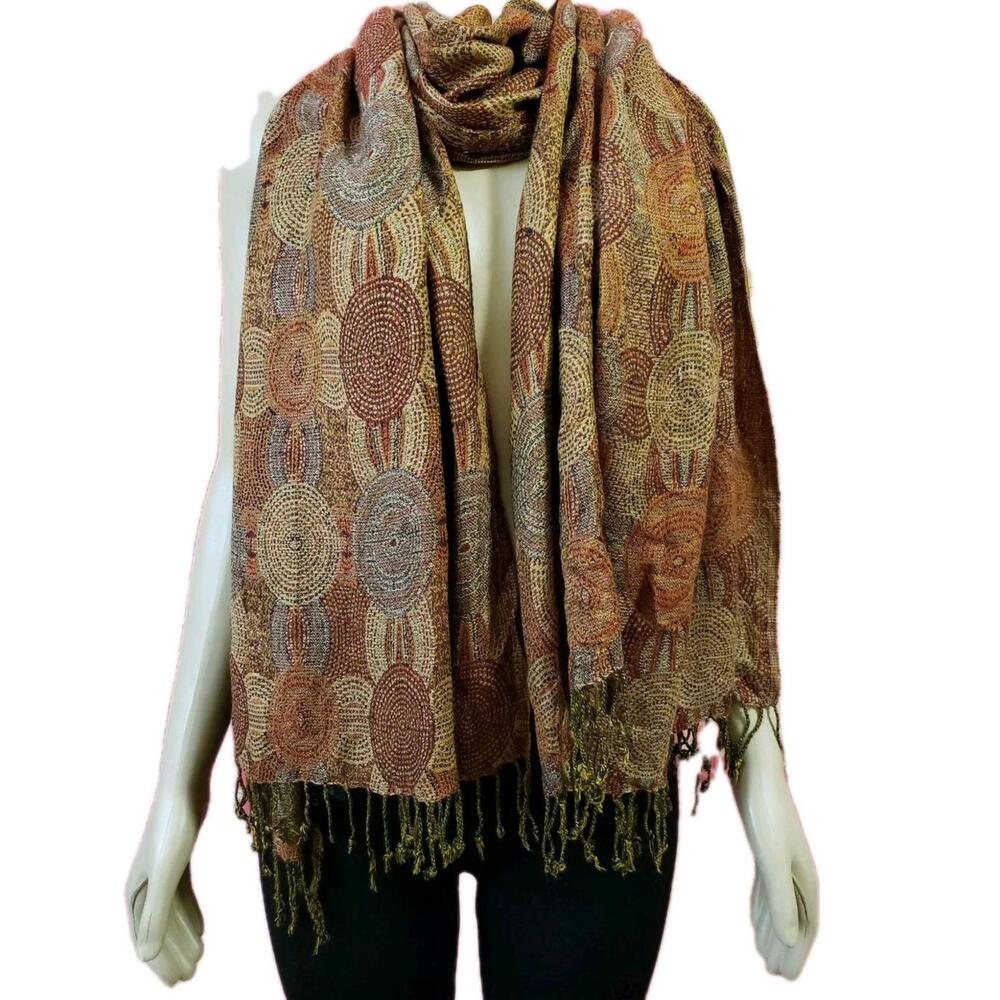 DIMRI Multi Color Geometric Red & Brown Fringe Neck Scarf 82"X28”